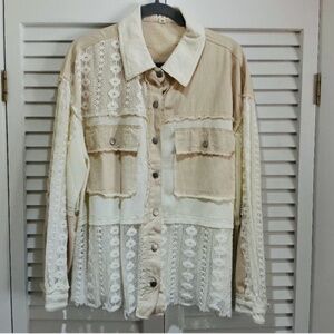 New Pol Natural Crochet Mixed Fabric Lace Shacket Shirt Jacket Size Medium